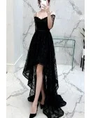 High Low Black Lace Prom Dress Sleeved With Spaghetti Straps