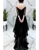 High Low Black Lace Prom Dress Sleeved With Spaghetti Straps