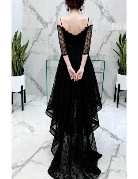 High Low Black Lace Prom Dress Sleeved With Spaghetti Straps