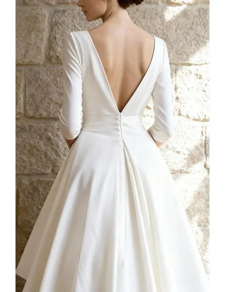 Simple White Knee Length Wedding Dress With Three Quarter Sleeves And V-Neckline