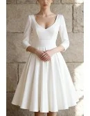 Simple White Knee Length Wedding Dress With Three Quarter Sleeves And V-Neckline