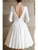 Simple White Knee Length Wedding Dress With Three Quarter Sleeves And V-Neckline