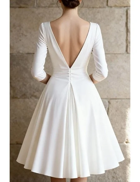 Simple White Knee Length Wedding Dress With Three Quarter Sleeves And V-Neckline