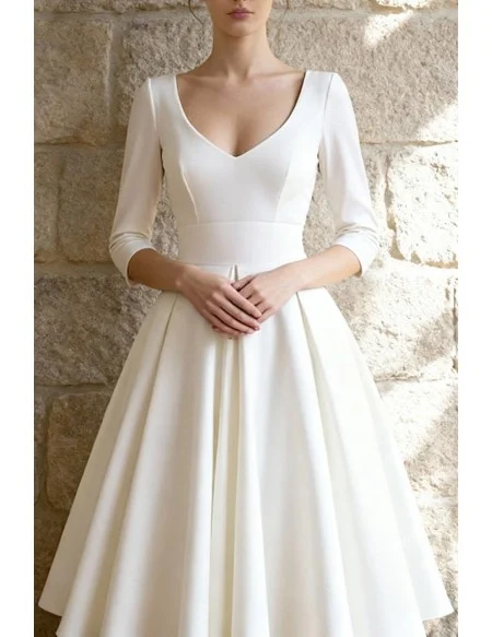 Simple White Knee Length Wedding Dress With Three Quarter Sleeves And V-Neckline