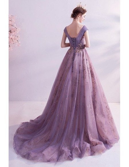 Dusty Purple With Gold Bling Formal Prom Dress With Cap Sleeves