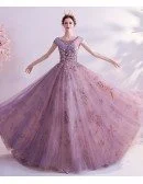 Dusty Purple With Gold Bling Formal Prom Dress With Cap Sleeves
