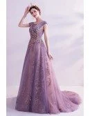 Dusty Purple With Gold Bling Formal Prom Dress With Cap Sleeves