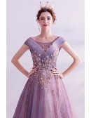 Dusty Purple With Gold Bling Formal Prom Dress With Cap Sleeves