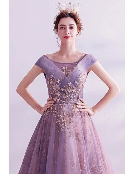 Dusty Purple With Gold Bling Formal Prom Dress With Cap Sleeves
