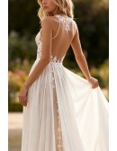 Gorgeous Ivory Lace Wedding Dress With Illusion Neckline And Sheer Back
