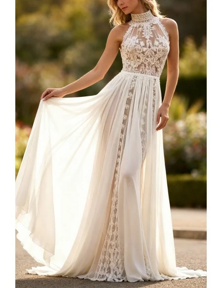 Gorgeous Ivory Lace Wedding Dress With Illusion Neckline And Sheer Back