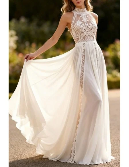 Gorgeous Ivory Lace Wedding Dress With Illusion Neckline And Sheer Back