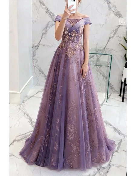Dusty Purple With Gold Bling Formal Prom Dress With Cap Sleeves