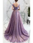 Dusty Purple With Gold Bling Formal Prom Dress With Cap Sleeves