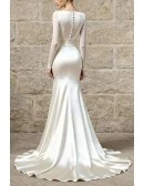 Ivory Satin Wedding Dress With Sheer Long Sleeves And Bow Accent