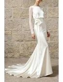 Ivory Satin Wedding Dress With Sheer Long Sleeves And Bow Accent