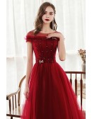 Elegant Modest Sheer Neckline Aline Long Tulle Burgundy Prom Dress with Beadings