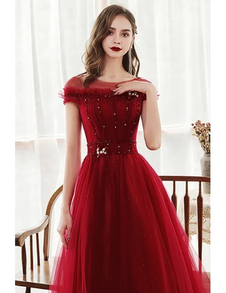 Elegant Modest Sheer Neckline Aline Long Tulle Burgundy Prom Dress with Beadings