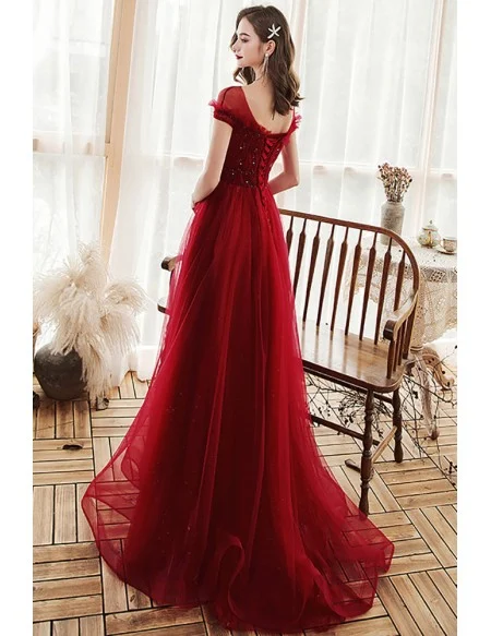 Elegant Modest Sheer Neckline Aline Long Tulle Burgundy Prom Dress with Beadings