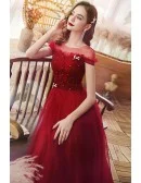 Elegant Modest Sheer Neckline Aline Long Tulle Burgundy Prom Dress with Beadings