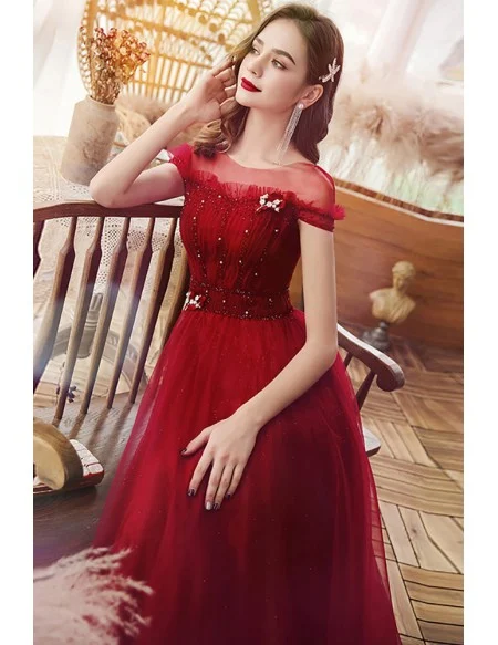 Elegant Modest Sheer Neckline Aline Long Tulle Burgundy Prom Dress with Beadings