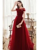 Elegant Modest Sheer Neckline Aline Long Tulle Burgundy Prom Dress with Beadings