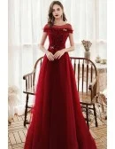 Elegant Modest Sheer Neckline Aline Long Tulle Burgundy Prom Dress with Beadings