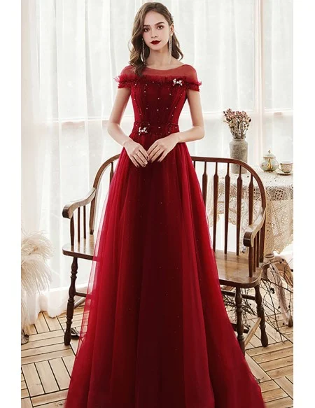 Elegant Modest Sheer Neckline Aline Long Tulle Burgundy Prom Dress with Beadings