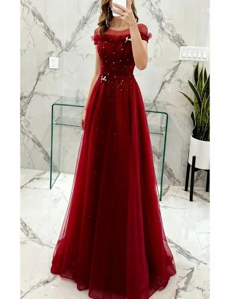 Elegant Modest Sheer Neckline Aline Long Tulle Burgundy Prom Dress with Beadings