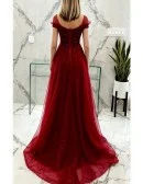 Elegant Modest Sheer Neckline Aline Long Tulle Burgundy Prom Dress with Beadings