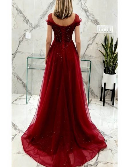 Elegant Modest Sheer Neckline Aline Long Tulle Burgundy Prom Dress with Beadings