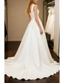 Elegant Ivory Satin Vneck Wedding Dress Sleeveless with Train