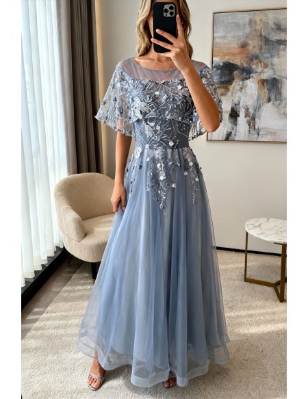 Different Blue Cap Sleeve Long Party Dress For Formal