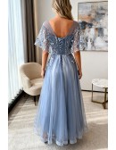 Different Blue Cap Sleeve Long Party Dress For Formal
