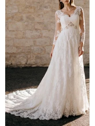 White Lace Long Sleeves Wedding Dress with V-Neckline And Sweep Train