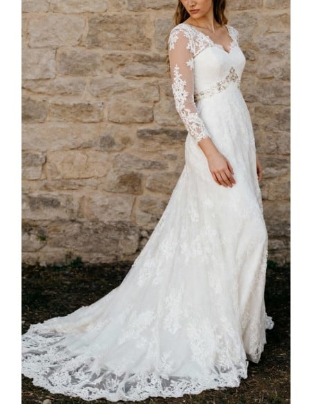 White Lace Long Sleeves Wedding Dress with V-Neckline And Sweep Train ...