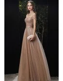 Gorgeous Brown Gold Bling Sequins Tulle Aline Prom Dress with Short Sleeves