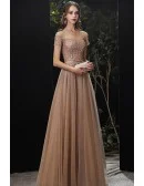 Gorgeous Brown Gold Bling Sequins Tulle Aline Prom Dress with Short Sleeves