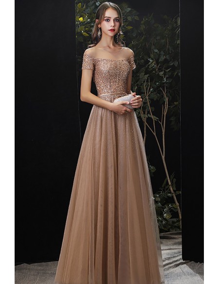 Gorgeous Brown Gold Bling Sequins Tulle Aline Prom Dress with Short Sleeves