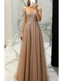 Gorgeous Brown Gold Bling Sequins Tulle Aline Prom Dress with Short Sleeves