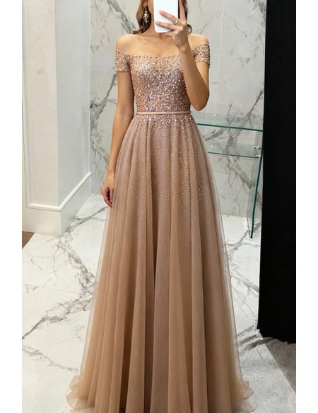 Gorgeous Brown Gold Bling Sequins Tulle Aline Prom Dress with Short Sleeves