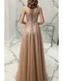 Gorgeous Brown Gold Bling Sequins Tulle Aline Prom Dress with Short Sleeves