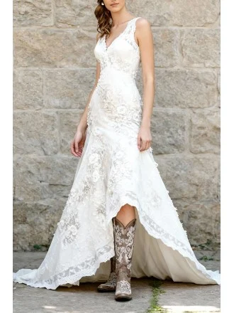 Ivory Lace Wedding Gown Featuring High Low Hem And Sleeveless Design