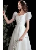Pretty White Aline Long Satin Wedding Party Dress with Bubble Sleeves