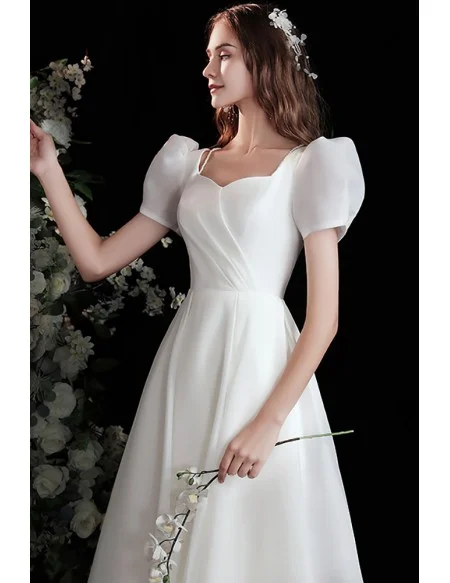 Pretty White Aline Long Satin Wedding Party Dress with Bubble Sleeves