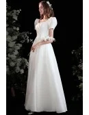 Pretty White Aline Long Satin Wedding Party Dress with Bubble Sleeves