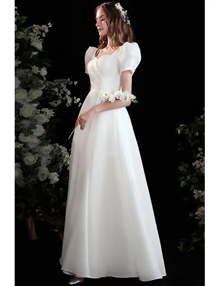 Pretty White Aline Long Satin Wedding Party Dress with Bubble Sleeves