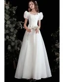 Pretty White Aline Long Satin Wedding Party Dress with Bubble Sleeves