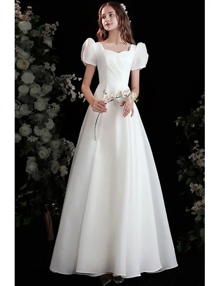Pretty White Aline Long Satin Wedding Party Dress with Bubble Sleeves