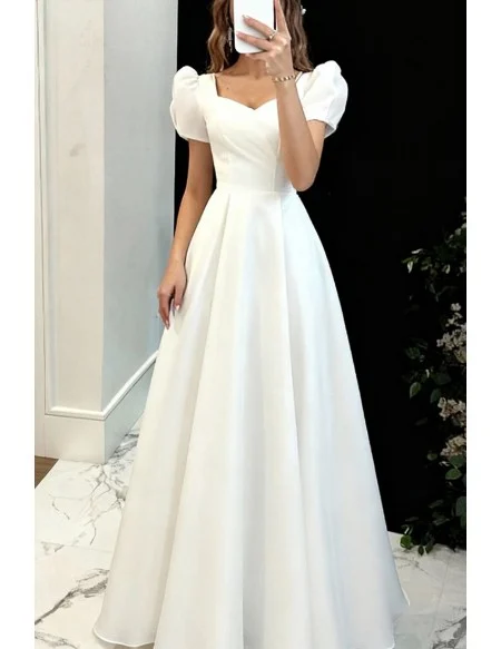 Pretty White Aline Long Satin Wedding Party Dress with Bubble Sleeves
